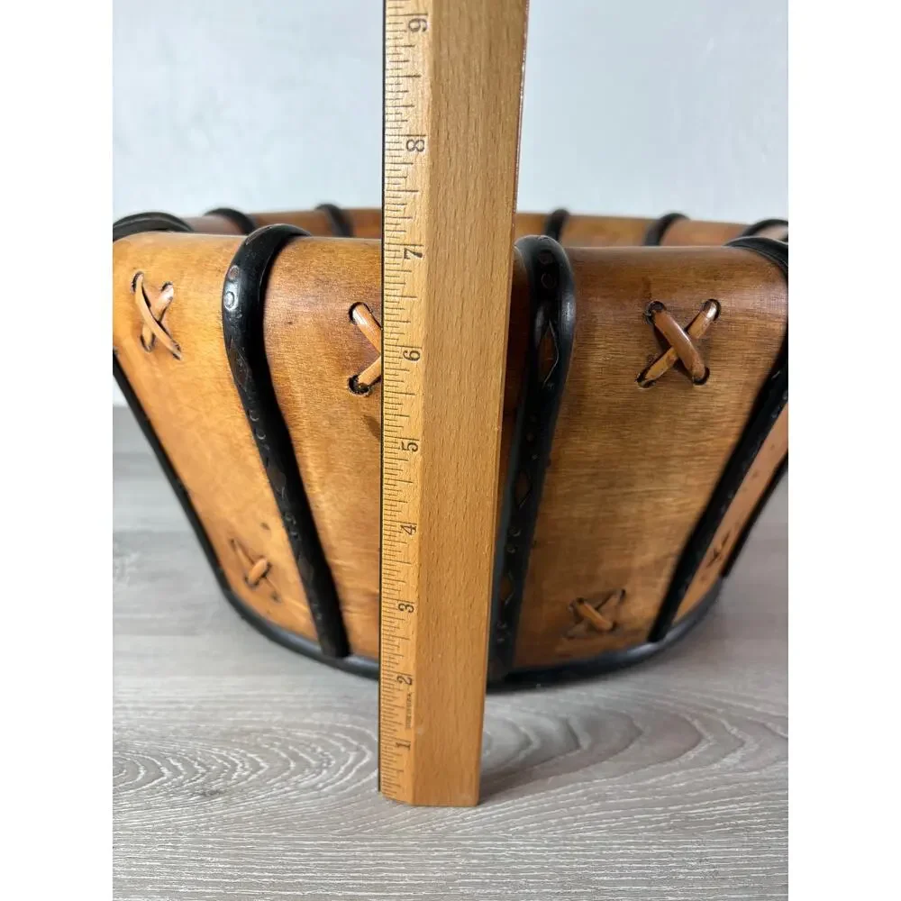 Vintage Rustic Wood & Leather Laced Basket Handcrafted Planter Bowl 16” Diameter